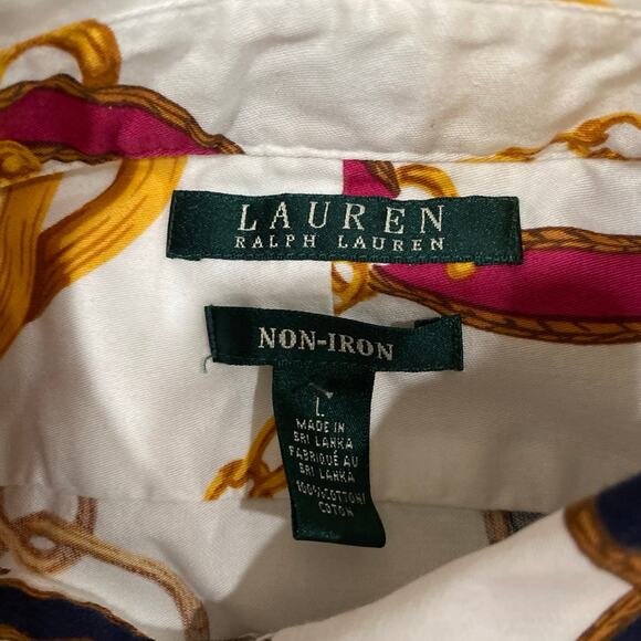 Lauren Ralph Lauren White Gold Chain Button Down Long Sleeve Top Size Large - Picture 8 of 10